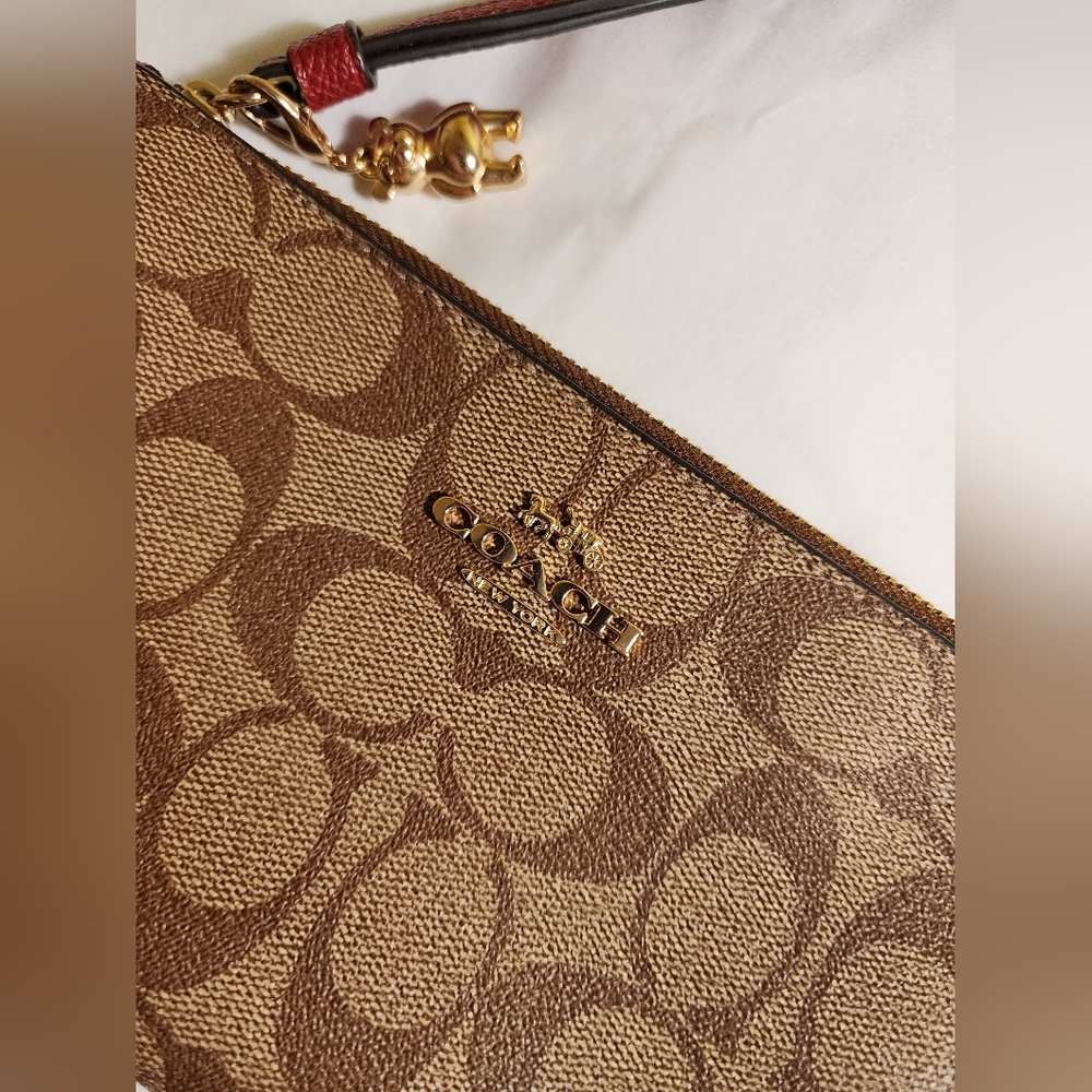 Coach Brown Corner Zip With Charm Signature Wristlet